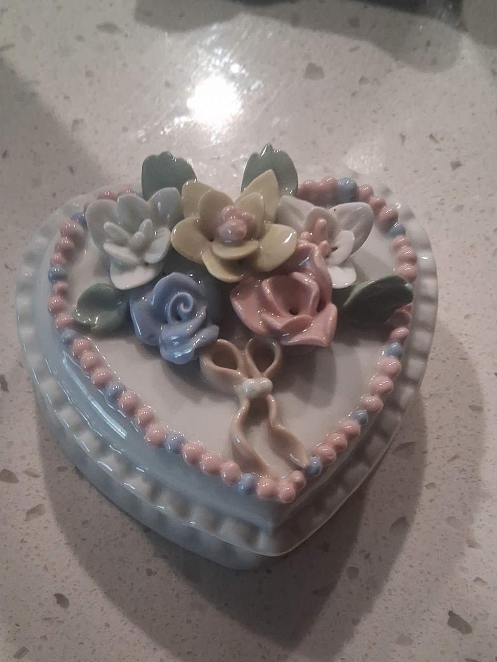 Heart-Shaped Floral Ceramic Trinket Box - Pastel Pink, Blue, Yellow